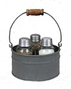 Primitive Industrial Galvanized Bucket Mason JAR Salt Pepper & Tooth Pick Caddy