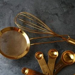 10 Piece Gold Cooking And Baking Utensil Set Stainless Steel: 4 Pcs Measuring Cups, 4 Pcs Measuring Spoons, 12" L Whisk, 4" W Flat Fine Mesh Strainer Sieve -KitchenAid Shop 51SPeDzzJhL
