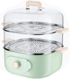 Food Steamer For Fast, Healthy Cooking, Stackable Two-tier Bowl For Vegetables And Seafood, Plus Rice Basket, Green And Stainless Steel