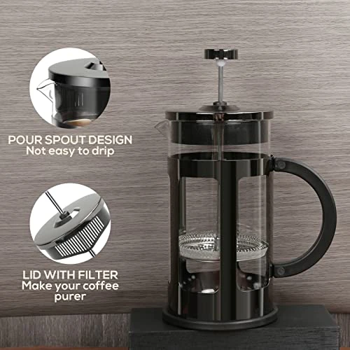 French Press Coffee Maker 12 Ounce Stainless Steel With Borosilicate Glass Heat Resistant 4 Level Filtration System For Brew Coffee & Tea Dishwasher Safe 350ml (12oz, Stainless Black) 6 French Press Coffee Maker 12 Ounce Stainless Steel With Borosilicate Glass Heat Resistant 4 Level Filtration System For Brew Coffee & Tea Dishwasher Safe 350ml (12oz, Stainless Black) - Image 4