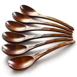 Oup Spoons,AOOSY Wooden Soup Spoons, 6 Pieces 7.84 Inches Japanese Ramen Spoons Round Nanmu Wood Long Handle Rice Dessert Cooking Tasting Dinner Table Spoon For Kitchen Restaurant