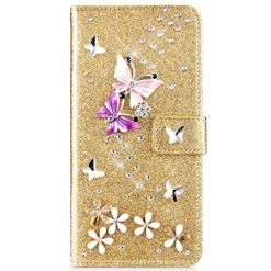 Compatible With Samsung Galaxy Note 9 Case Glitter Shiny Butterfly Rhinestone Floral Pu Leather Diamond Flash Bling Wallet Strap Case With Card Holder Magnetic Stand Flip Cover Case,Gold
