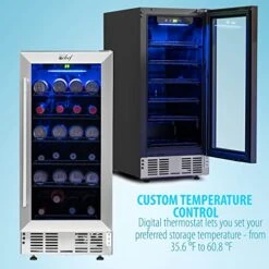 15-Inch Under Counter Beverage Cooler For Beer, Wine, Sodas, 115 Can Capacity, Digital Touch Temperature Control, Even Forced Air Cooling, 5 Shelves, Large Display Window, Built-In Lighting -KitchenAid Shop 51T5kqeY07L
