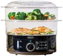 Bella Two Tier Food Steamer With Dishwasher Safe Lids And Stackable Baskets & Removable Base For Fast Simultaneous Cooking - Auto Shutoff & Boil Dry Protection, 7.4 QT, Black