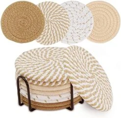 Coasters For Drinks With Holder, 6pcs Vintage Woven Coasters For Coffee Table, Water Absorbent Coaster Set, Handmade Braided Fabric Coasters, Home Decor Gifts (Brown) -KitchenAid Shop 51THut2UgcL. AC