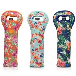 Wine Tote Carrier Bag With Magnetic Handle Clasp From Made Easy Kit Neoprene Champagne Bottle Protective Travel Or Gift Bag - Set Of 3 (Floral Patterns)