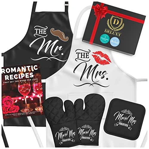 DELUXY Mr And Mrs Aprons - Wedding Gifts For Couple Unique 2023, Cool Bridal Shower Gifts For Bride & Groom, Engagement Gifts 3 DELUXY Mr And Mrs Aprons - Wedding Gifts For Couple Unique 2023, Cool Bridal Shower Gifts For Bride & Groom, Engagement Gifts