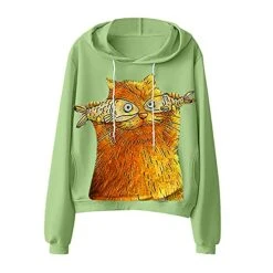 VODMXYGG Womens Pullover Long Sleeve Fashion Fun Cat And Fish Print Print Hooded Sweatshirt Blouse Winter Casual Basic Tops