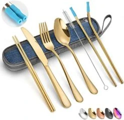Portable Travel Utensils Silverware Set With Case,Reusable Trave Stainless Steel Camping Cutlery Set With Chopsticks And Straw, Portable Flatware With Case For Office School Picnic BF(Silver) -KitchenAid Shop 51UrW1NTPBL. AC