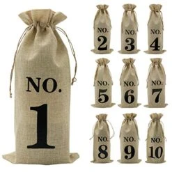 10pcs Jute Wine Bags, 14 X 6 1/4 Inches Hessian Numbered Wine Bottle Gift Bags With Drawstring For Blind Wine Tasting (Brown)