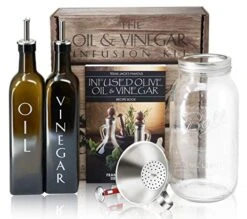 The Olive Oil & Vinegar Infusion Kit | Recipe & Instruction Book W/over 40 Recipes | Set Of 500mL Dark Green Square Bottles W/ Dispensers | 64oz Ball Mason Jar | Funnel Strainer | Kitchen Thermometer