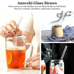 Reusable Drinking Straws Glass Clear 12-Pack, With 4 Cleaning Brush Size 8.5''x10 MM Set Of 6 Straight And 6 Bent - Perfect For Cocktail Glass, Smoothies, Tea, Juice, Milkshakes -KitchenAid Shop 51VmMcLopQL