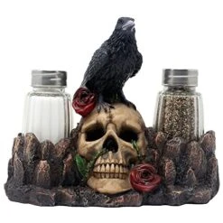 Bone Chilling Raven On Human Skull Salt And Pepper Shaker Set With Decorative Display Stand Figurine For Scary Halloween Decorations Or Medieval & Gothic Kitchen Table Decor As Spooky Fantasy Gifts