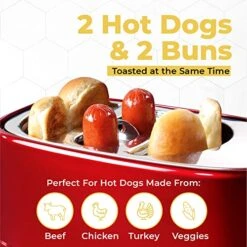 2 Slot Hot Dog And Bun Toaster With Mini Tongs, Retro Hot Dog Toaster, Hot Dog Cooker That Works With Chicken, Turkey, Veggie Links, Sausages And Brats, Metallic Red