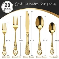Gorgeous Retro Royal Gold Stainless Steel 20 Pieces Flatware Set, Golden Silverware Set, Anti-rust Stainless Steel Gold Cutlery Set Utensils Including Fork Spoon And Knife
