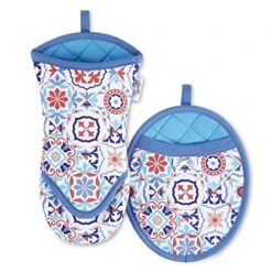 Fiesta Worn Tiles Oven Mitt & Pot Holder 2-Pack Set, Red/Blue, 6.5"x13", 8"x10"