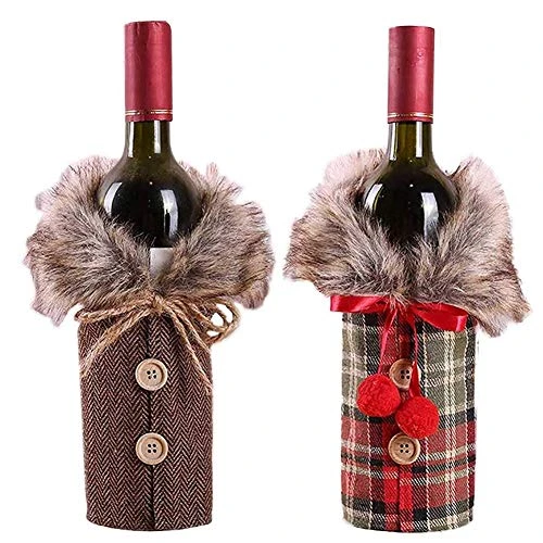 Holiday/Christmas Wine Bottle Decors/Bags Set Of 7: Checkers & Herringbone Decors With Faux Fur Collar; Santa Clause, Snowman & Reindeer Drawstring Bags; Bottle Stoppers Silicone Christmas Decor Gift 6 Holiday/Christmas Wine Bottle Decors/Bags Set Of 7: Checkers & Herringbone Decors With Faux Fur Collar; Santa Clause, Snowman & Reindeer Drawstring Bags; Bottle Stoppers Silicone Christmas Decor Gift - Image 4
