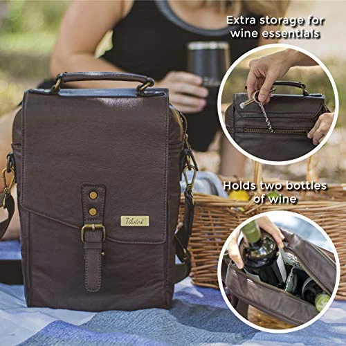 Insulated Leather Wine Bag With 2 Stainless Steel Wine Tumblers. Leather Wine Bottle Carrier Tote. Wine Bags For Travel. Picnic Tote, Beach Wine Cooler Bag, Wine Travel Case. Wine Gift For Men 5 Insulated Leather Wine Bag With 2 Stainless Steel Wine Tumblers. Leather Wine Bottle Carrier Tote. Wine Bags For Travel. Picnic Tote, Beach Wine Cooler Bag, Wine Travel Case. Wine Gift For Men - Image 3