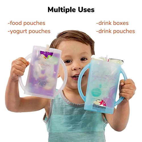 Deluxe Squeeze Proof Flipping Holder (2-Pack With Lids) For Food Pouches & Juice Boxes - Multipurpose - Prevent Messes & Support Self-Feeding - Easy Grasping Handles - Made In USA 4 Deluxe Squeeze Proof Flipping Holder (2-Pack With Lids) For Food Pouches & Juice Boxes - Multipurpose - Prevent Messes & Support Self-Feeding - Easy Grasping Handles - Made In USA - Image 2