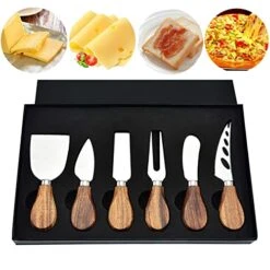 6-Piece Cheese Knife Set, Cheese Knives With Exquisite Box Cheese Slicer Cutters Fork Stainless Steel Slicer Wooden Handle Cheese Knife Gift Set