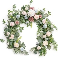 Eucalyptus Garland With Flowers 6FT，Table Runner With Flowers Handcrafted Wedding Centerpieces For Rehearsal Dinner Bridal Shower | Blush Powder Blue