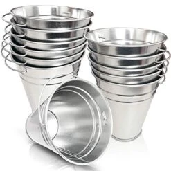 Large Galvanized Metal Buckets With Handles, 4.5" W X 5" H, 12 Pack, Metallic Pails For Party Favors, Rustic Wedding Decoration, Centerpieces For Party, Ice Bucket, Vase, Garden Planters