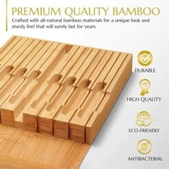 Knife Drawer Organizer Insert For 16 Knives And Knife Sharpener (17” X 11.5” X 2”) In-Drawer Knife Block Without Knives, Easy And Safe Storage - Durable Natural Bamboo