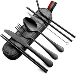 Portable Utensils, Travel Camping Cutlery Set, 8-Piece Including Knife Fork Spoon Chopsticks Cleaning Brush Straws Portable Case, Stainless Steel Flatware Set (Silver) -KitchenAid Shop 51dOHxrTouL. AC