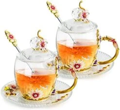 Vintage Glass Tea Cup And Saucer Set With Lid And Spoon, Enamel Daisy Flower Coffee Mug With Decorative Handle, Elegant Tea Sets For Women, 330ml/11oz -KitchenAid Shop 51dRvP9ATL. AC