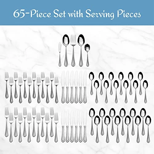 MIKASA Regent Bead 65 Piece Silverware Set, 18.10 Polished Mirror Stainless Steel, Service For 12 With Serving Set 4 MIKASA Regent Bead 65 Piece Silverware Set, 18.10 Polished Mirror Stainless Steel, Service For 12 With Serving Set - Image 2