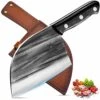 HandForged Meat Cleaver Knife Heavy Duty, 6.7 Inches Full Tang Sharp Serbian Chef Knife, High Carbon Steel Cutting Knife With Leather Sheath For Kitchen Camping BBQ