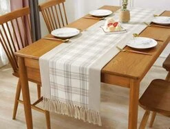 15 X 72 Inch Buffalo Checks Linen Table Runner With Handmade Fringed, Rustic Farmhouse Style Wide Table Runners 72 Inches Long For Dining Room, Dresser - Beige Plaid -KitchenAid Shop 51f0nky1dZL
