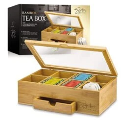 Bamboo Wooden Tea Box Storage Organizer With Drawer (8 Compartments) Large Tea Organizer Box For Tea Bags And Loose Tea - Sturdy, Natural Bamboo