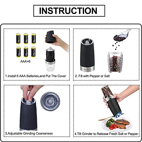 Gravity Electric Salt Ginder Pepper Grinder, Automatic Pepper And Salt Mill Grinder Battery-Operated With Adjustable Coarseness, LED Light, One Hand Operated 6 Gravity Electric Salt Ginder Pepper Grinder, Automatic Pepper And Salt Mill Grinder Battery-Operated With Adjustable Coarseness, LED Light, One Hand Operated - Image 4