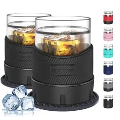 Whiskey Cooling Freeze Cup, Plastic Ice Chilling Glasses For Bourbon, Scotch, White Wine, 5 Oz Insulated Cooling Tumbler, 2 Sets, With Silicone Cup Mats, Perfect Christmas Gifts, Black