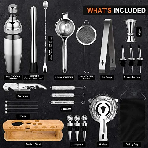 24-Piece Cocktail Shaker Bartender Kit With Stand, 24 Oz Martini Shaker, Mixing Spoon, Muddler, Measuring Jigger, Lemon Squeez, Tongs, Corkscrew, Liquor Pourers And More Professional Bar Tools 4 24-Piece Cocktail Shaker Bartender Kit With Stand, 24 Oz Martini Shaker, Mixing Spoon, Muddler, Measuring Jigger, Lemon Squeez, Tongs, Corkscrew, Liquor Pourers And More Professional Bar Tools - Image 2