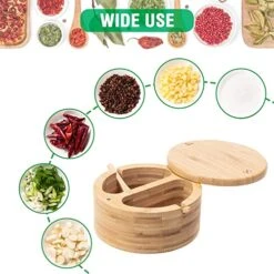 Bamboo Salt And Pepper Bowl Box - 2 Compartments Container Salt Cellar Storage - Built-in Mini Spoon For Salt & Pepper Keeper - Swivel Lid With Magnet To Keep Dry -KitchenAid Shop 51g7qc9dA3L