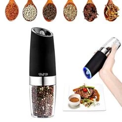 Electric Gravity Pepper Grinder Or Salt Grinder With Adjustable Thickness, Automatic Pepper Grinder Battery, With Blue LED Light, DLD One-hand Operation, Brushed Stainless Steel (1 Piece Black)