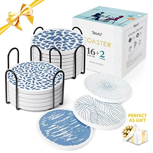 Absorbing Stone Coasters For Drinks Cork Base, With 2 Holder, For Housewarming, Apartment Kitchen Room Bar Decor, Suitable For Wooden Table, Set Of 16 (Blue) 4 Absorbing Stone Coasters For Drinks Cork Base, With 2 Holder, For Housewarming, Apartment Kitchen Room Bar Decor, Suitable For Wooden Table, Set Of 16 (Blue) - Image 2