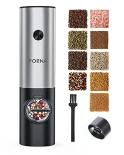 Electric Pepper Grinder, Battery Operated Salt Grinder, Automatic Pepper Mill With LED Light, Adjustable Coarseness, One-hand Button Control Refillable For Kitchen BBQ, Stainless Steel 1 Pack