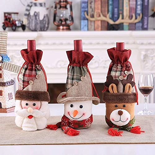 Holiday/Christmas Wine Bottle Decors/Bags Set Of 7: Checkers & Herringbone Decors With Faux Fur Collar; Santa Clause, Snowman & Reindeer Drawstring Bags; Bottle Stoppers Silicone Christmas Decor Gift 5 Holiday/Christmas Wine Bottle Decors/Bags Set Of 7: Checkers & Herringbone Decors With Faux Fur Collar; Santa Clause, Snowman & Reindeer Drawstring Bags; Bottle Stoppers Silicone Christmas Decor Gift - Image 3