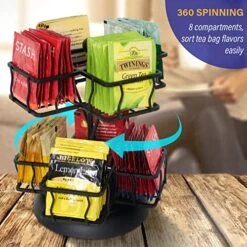 Tea Bag Storage And Organizer, Tea Bag Holder Black Powder Coated Stainless Steel For Tea And Coffee Box. Organize 100 Tea Bags- Tea Holder For Tea Bags 8 Compartments With 12 Bags In Each.