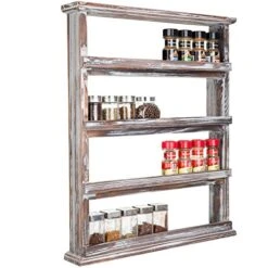 MyGift Rustic Torched Wood Wall Hanging Spice Rack, 4 Tier Seasoning Jar Shelves Pantry Organizer