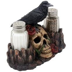 Bone Chilling Raven On Human Skull Salt And Pepper Shaker Set With Decorative Display Stand Figurine For Scary Halloween Decorations Or Medieval & Gothic Kitchen Table Decor As Spooky Fantasy Gifts -KitchenAid Shop 51hUmQs5CKL