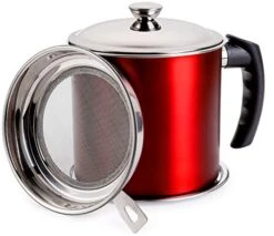 1.3L Oil Strainer Pot Grease Can, 1.37 Quart Oil Storage Grease Keeper/Stainless Steel Bacon Grease Container, For Storing Frying Oil, Bacon Fat & Cooking Grease(Red)