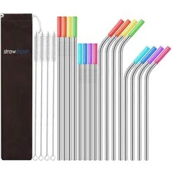 Set Of 16 Reusable Stainless Steel Straws With Travel Case Cleaning Brush Silicone Tips Eco Friendly Extra Long Metal Straws Drinking For 20 24 30 Oz Tumbler