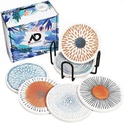 Set Of 6 Coasters With Holder For Drinks Absorbing Round Ceramic Stone Coaster With Cork Base,Tabletop Protection Mat For Mugs And Cups,Office,Kitchen (Colorful With Holder) -KitchenAid Shop 51ihO7Uz59L. AC