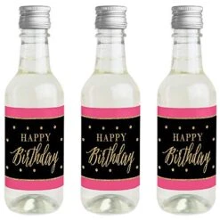 Chic Happy Birthday - Pink, Black And Gold - Mini Wine And Champagne Bottle Label Stickers - Birthday Party Favor Gift For Women And Men - Set Of 16