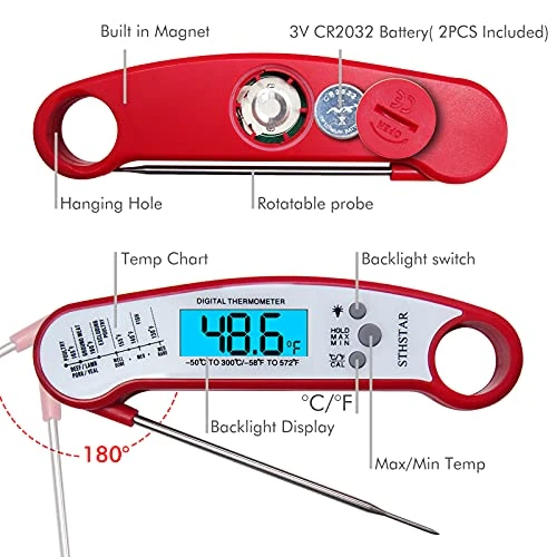 Waterproof Digital Meat Thermometer, Instant Read Food Thermometer For Cooking Grilling Baking BBQ Oil Milk Bath Water Deep Fry (Red) 7 Waterproof Digital Meat Thermometer, Instant Read Food Thermometer For Cooking Grilling Baking BBQ Oil Milk Bath Water Deep Fry (Red) - Image 5