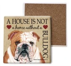 Bulldog Absorbent Stone Coasters - Cork-Backed Coasters For Drinks - Bulldog Dog Illustration - Artist Tomoyo Pitcher - 4 X 4 Inches - Set Of 4 (SJT24720)